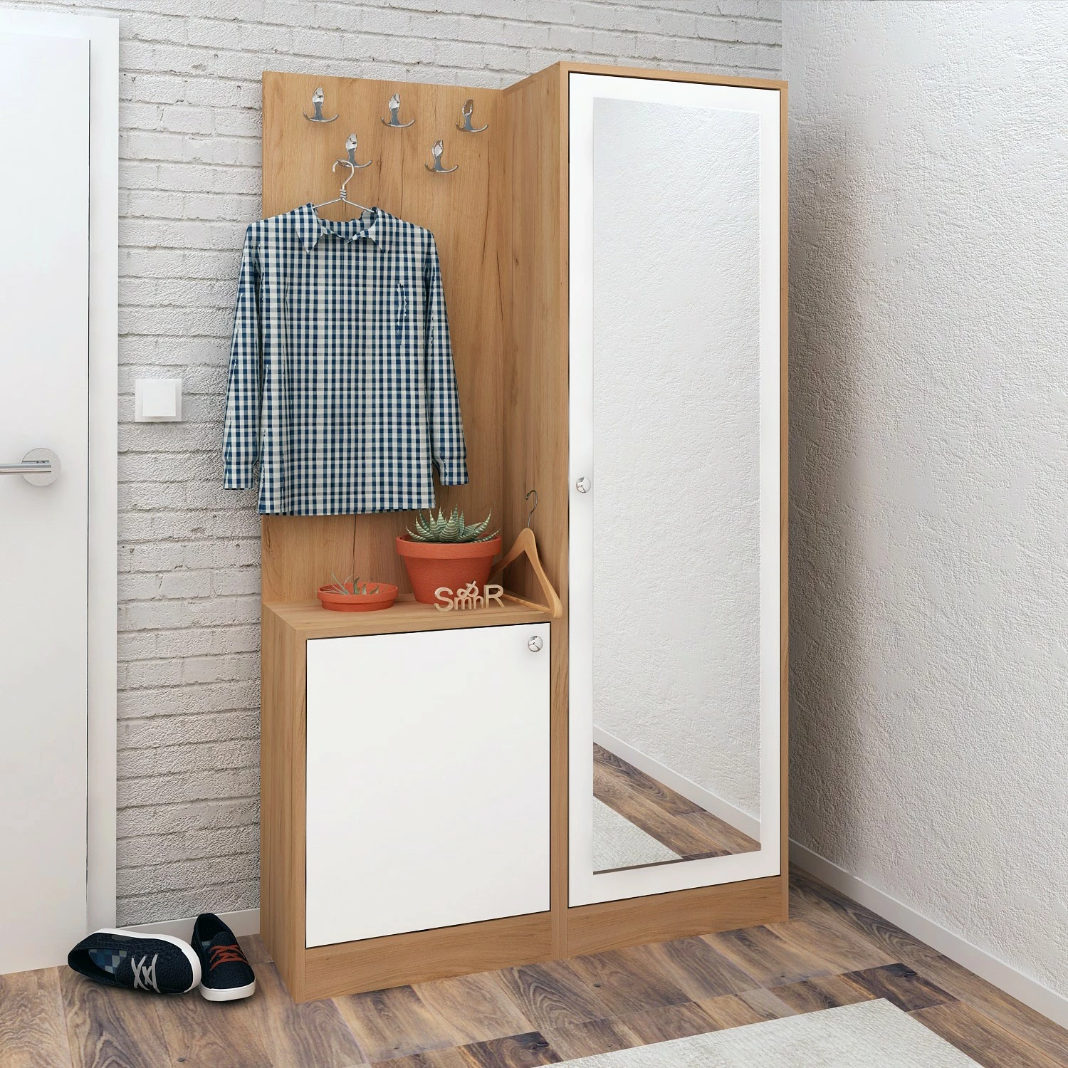 Stojalo za hodnik, les hrast in belo, Hanah Home Broc, s ogledalom