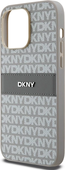 Ovitek Mono Stripe in kovinski logotip za iPhone 14 Pro, DKNY, bež