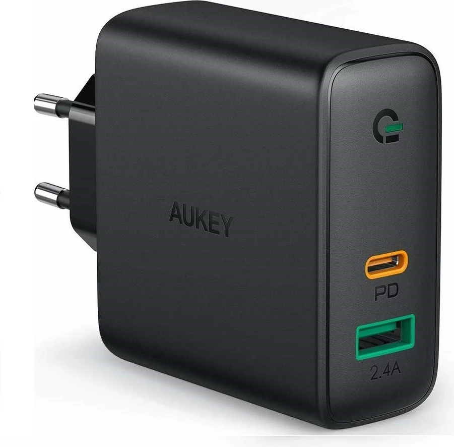 Stenski polnilec USB Power Delivery 30W, 2 vhoda (USB-C + USB-A), Dynamic Detect, AUKEY PA-D1, črn