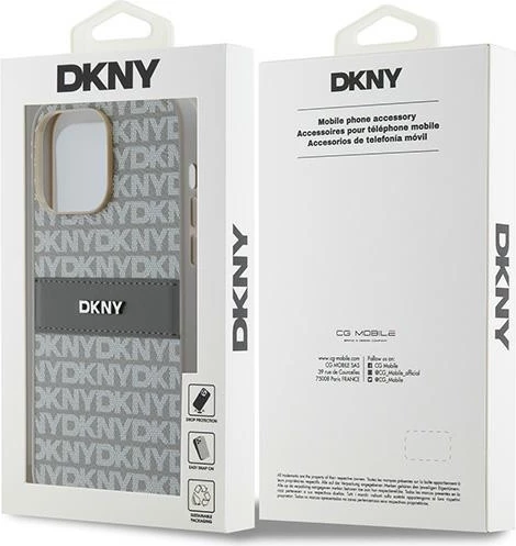 Ovitek Mono Stripe in kovinski logotip za iPhone 14 Pro, DKNY, bež