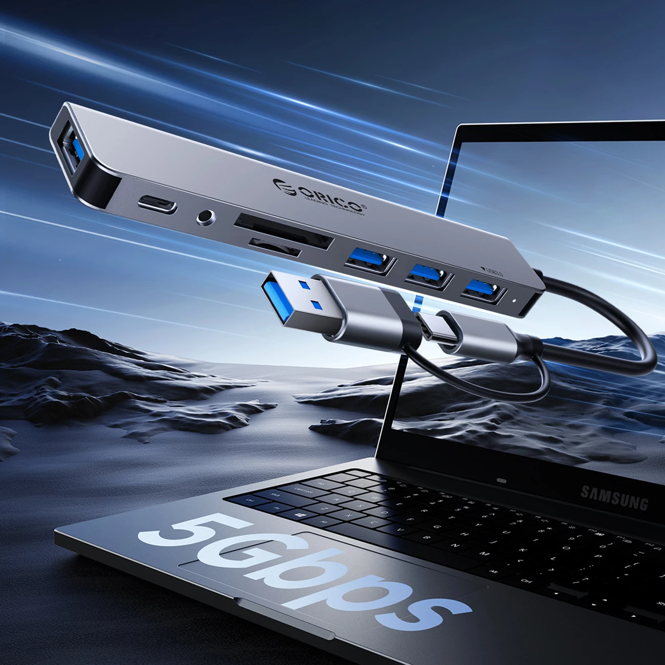 USB hub Orico YSA5-U3, 4 USB vrata (3x USB-A 2.0, 1x USB-A 3.0), 2-v-1 kabel USB-C/USB-A, siva