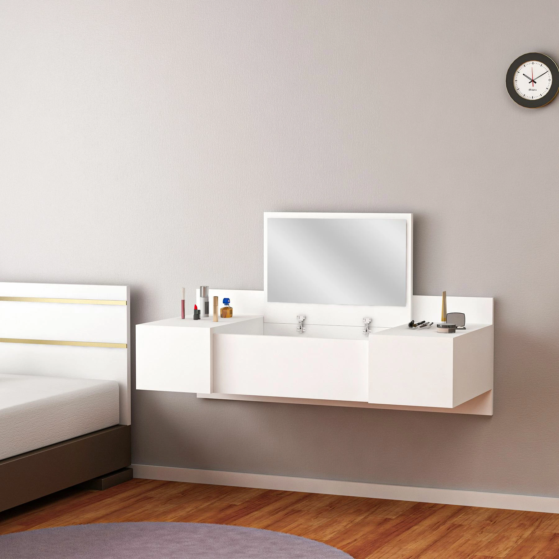 Toaletna mizica za ličenje, pritrjena na steno, bela, z ogledalom Hanah Home Zakkum