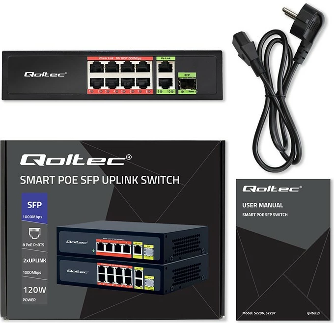 Omrežni preklopnik Qoltec 52297, 8x RJ45 PoE, 2x RJ45 uplink, 1x SFP, 120 W, 1000 Mb/s, črn