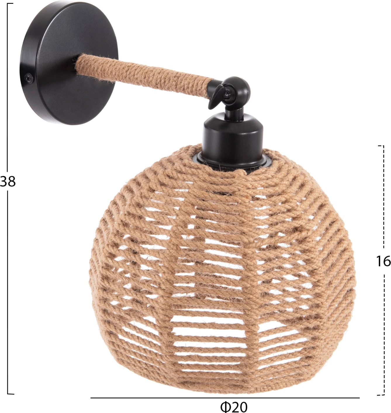 Stenska svetilka STOLT FH4483 kovinska osnova-konopljina vrv-[E27] 20x20x38-24Hcm