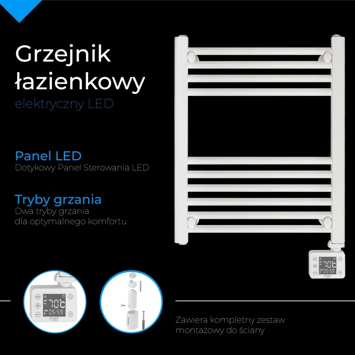 Električni grelec za kopalnico Adler AD 7823, 400 W, LED zaslon na dotik, časovnik 24 h, IP24, bel