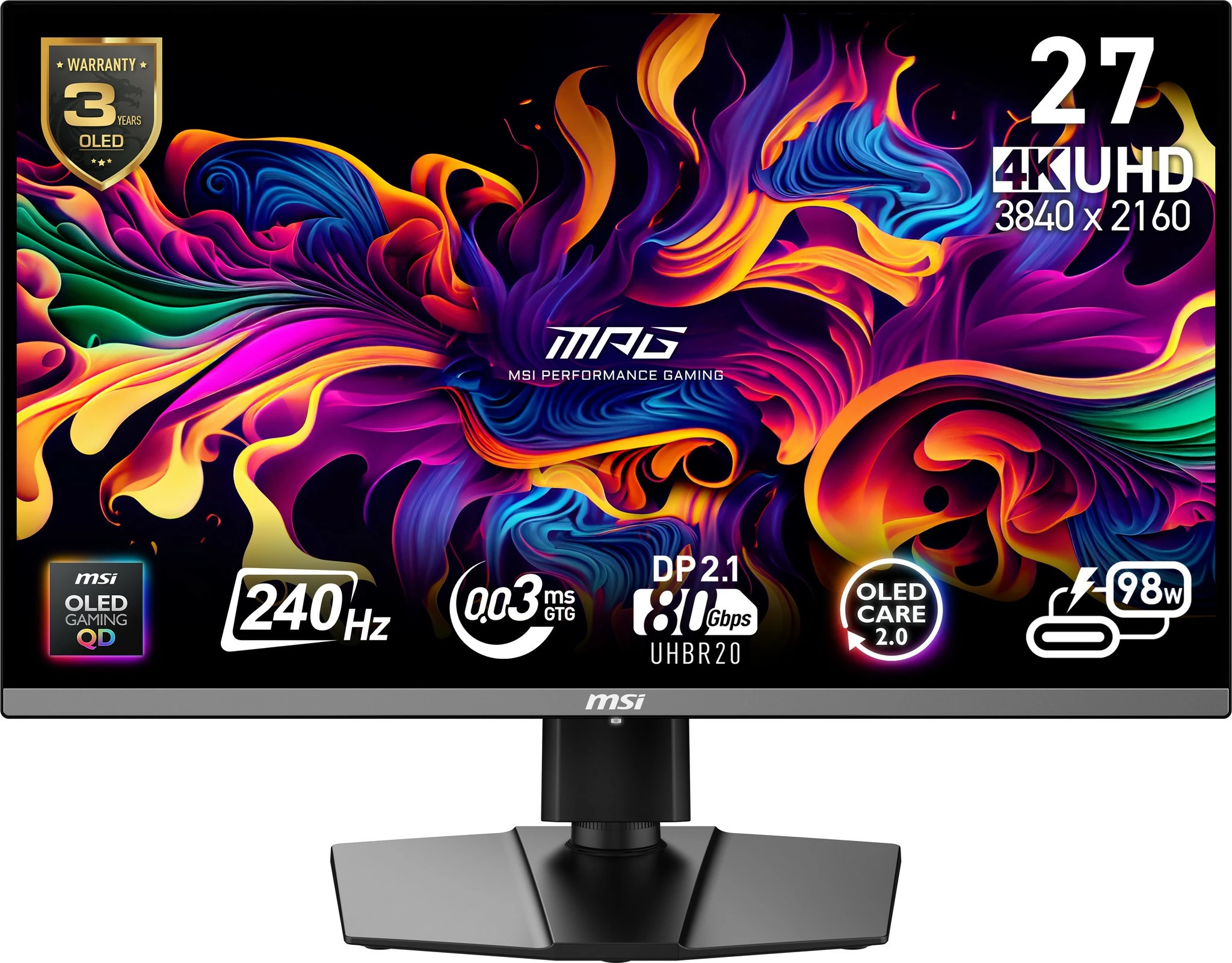 QD-OLED 27-palčni, 4K UHD, 240 Hz, črn monitor MSI MPG OLED 272URXDE