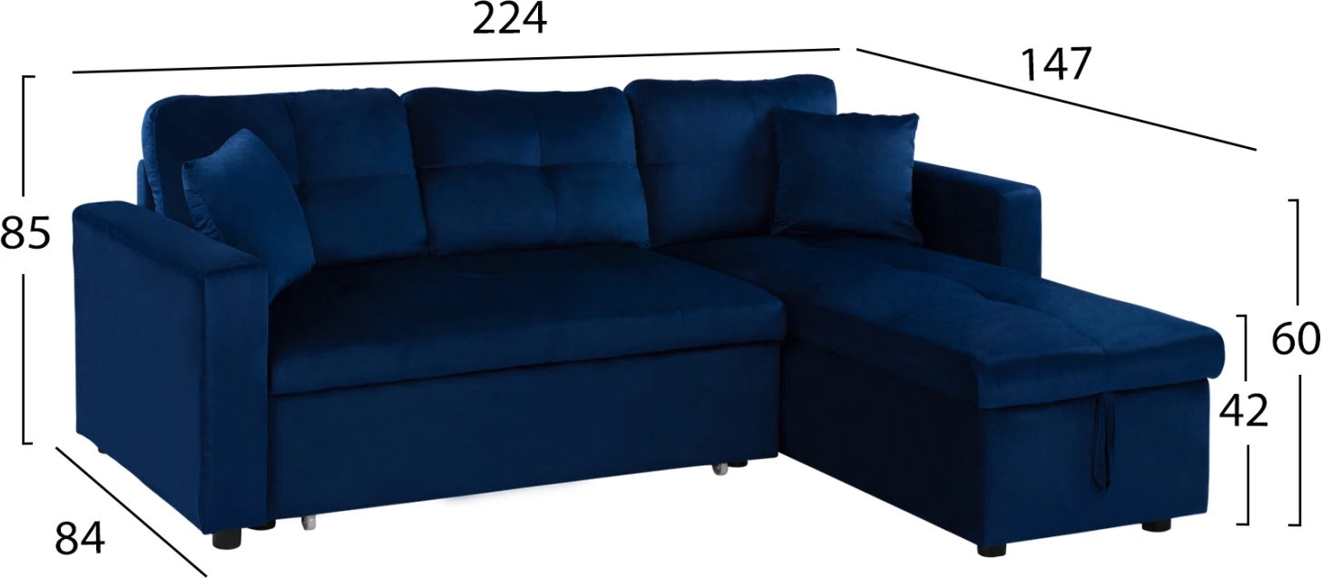 Kotna zofa postelja Wayne 224x147x85 FH3028.18 Žamet Modra