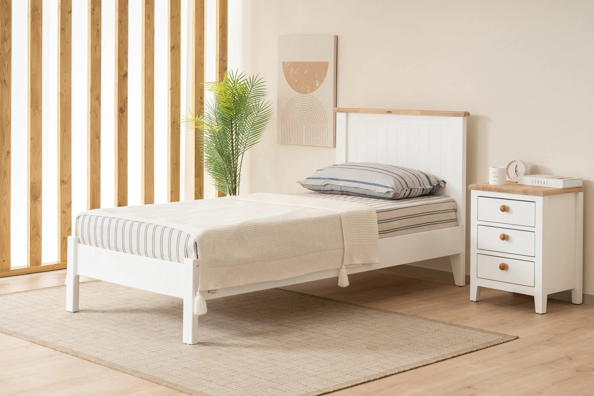 Enojna postelja, modern country stil, bela in hrast, 90x190 cm, Blink