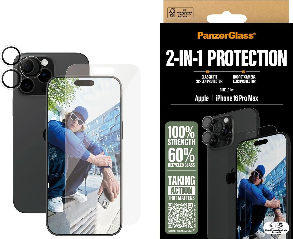 Zaščita zaslona PanzerGlass za iPhone 16 Pro Max, komplet 2-v-1, prosojna