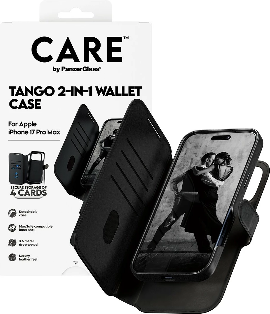 Ovitek za telefon PanzerGlass CARE Feature Case Tango 2in1 denarnica MagSafe za iPhone 17 Pro Max, črn