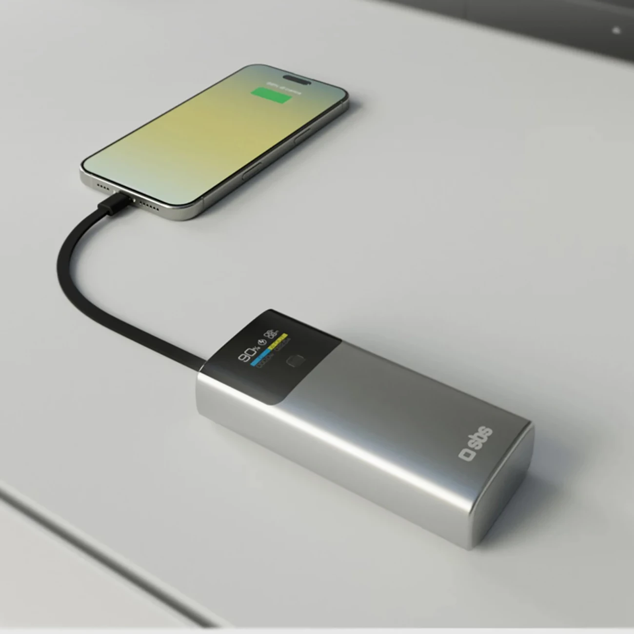 Powerbank 10000 mAh z LCD, PD 20W, z vgrajenim kablom USB-C, SBS, siv
