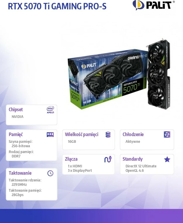 Grafična kartica Palit GeForce RTX 5070 Ti GAMING PRO-S, 16 GB GDDR7, 256-bit, 3 ventilatorji, črna