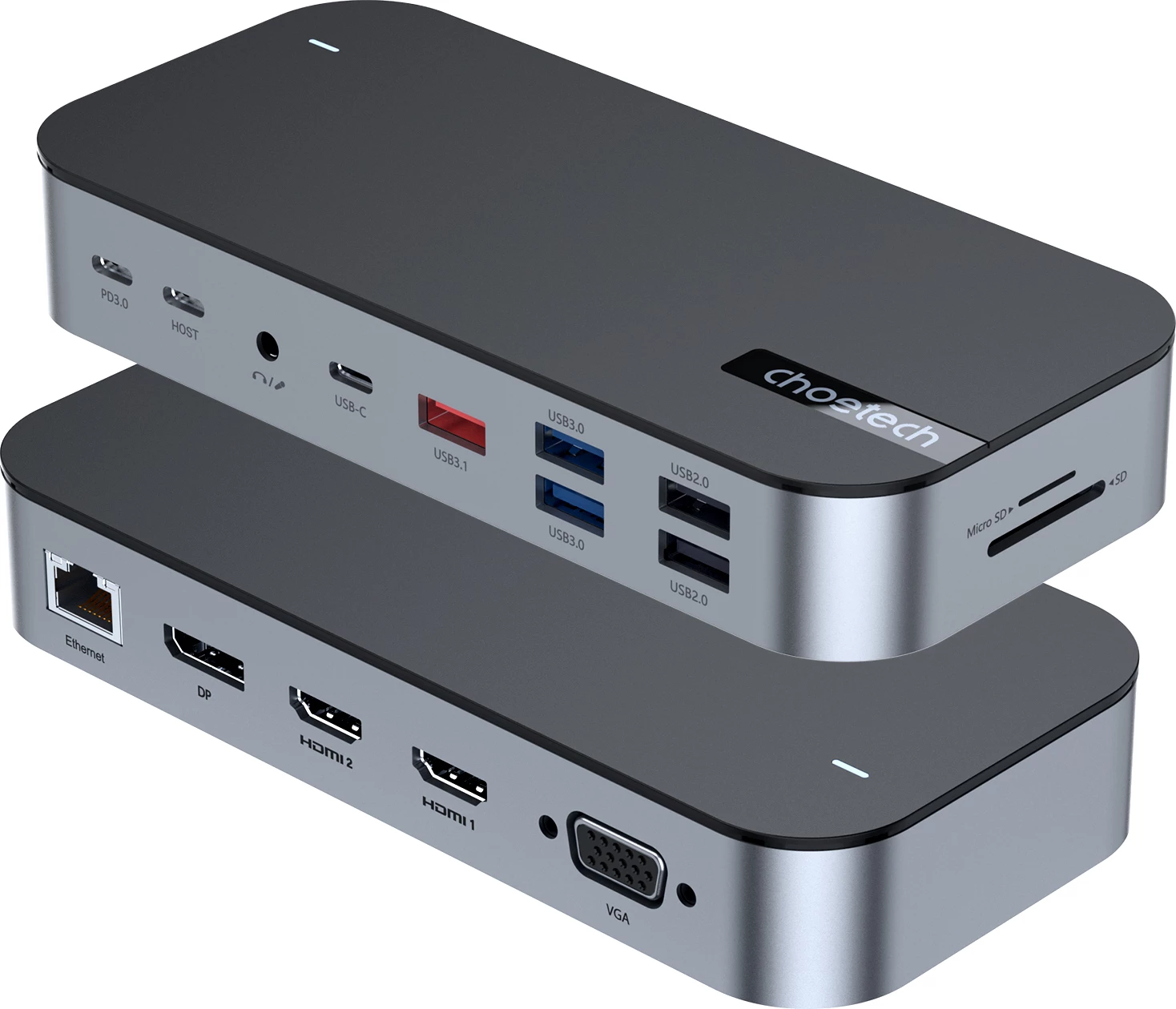Večfunkcijski HUB Choetech HUB-M52, USB-C, HDMI, VGA, DP, SD, RJ45, siva