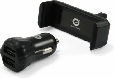 Avtomobilski polnilnik s 2x USB-A in nosilcem za telefon, 10W, Conceptronic KFZ-Ladegerät, črn