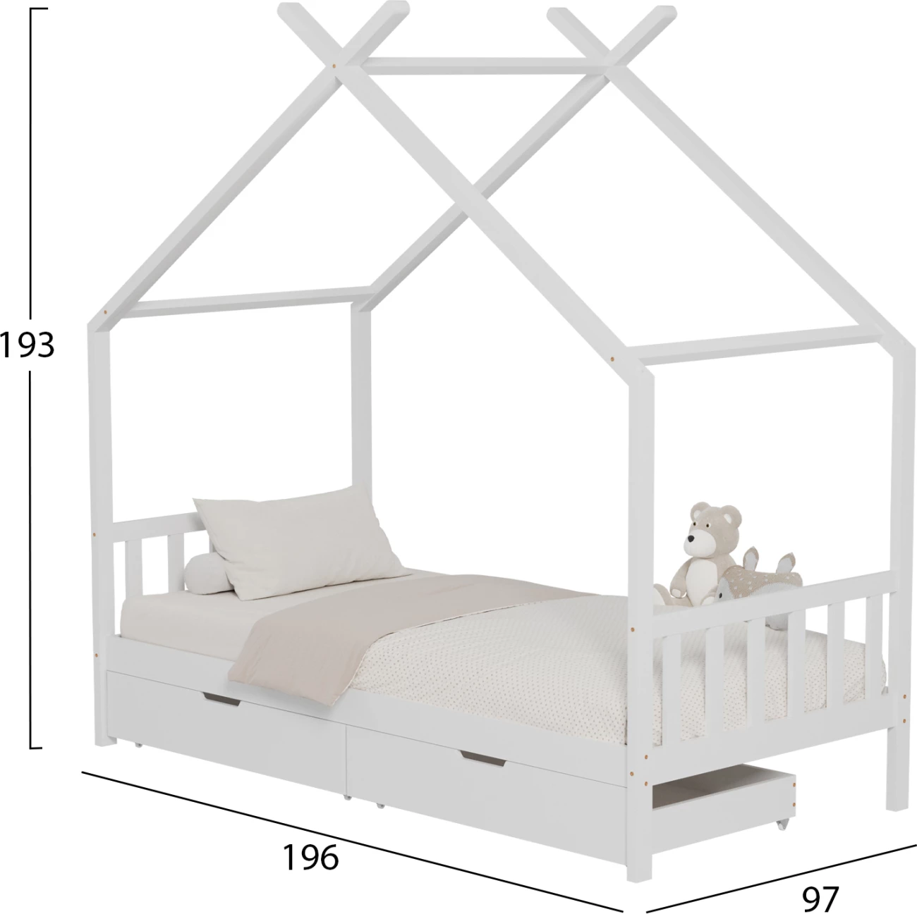 Postelja za otroke Klarice FH680.03 t.Montessori - 2 predala - masivni borov les v beli barvi - 190x90 cm
