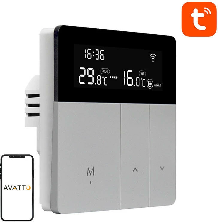 Termostat za bojler (DHW), Avatto WT50-BH-3A, 3A, Tuya Smart Life, LCD zaslon, siva