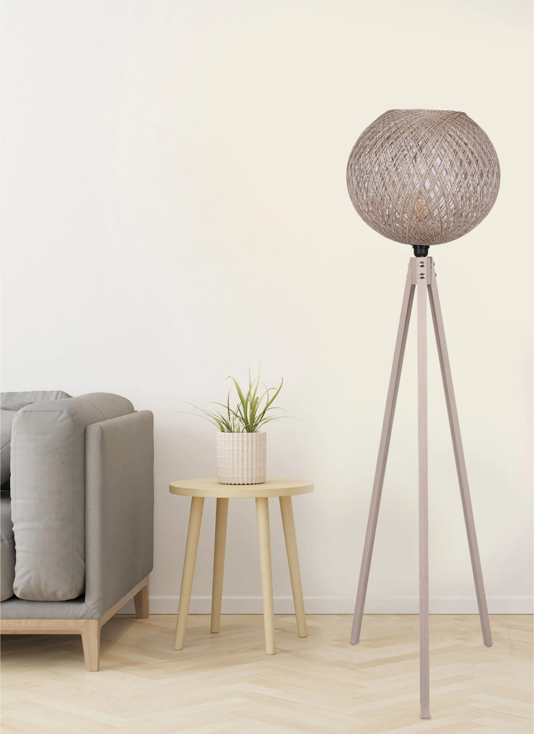 Lesena talna svetilka s senčnikom iz vrvi v bež barvi FH7376.01 Φ38x145Υ cm