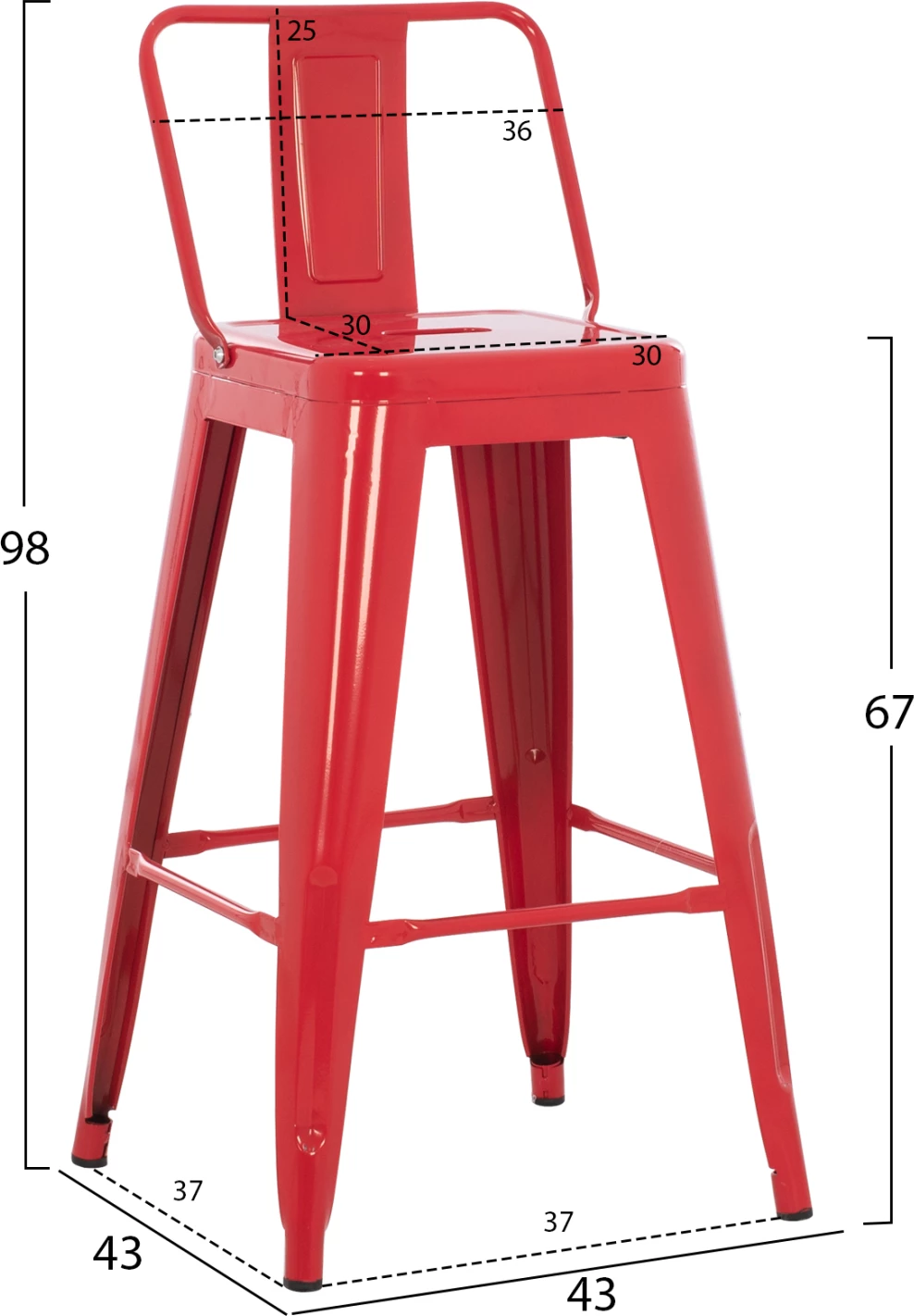 Barski stol srednje višine MELITA-PRO FH8574.44 kovinski v rdeči barvi 43x43x88H cm