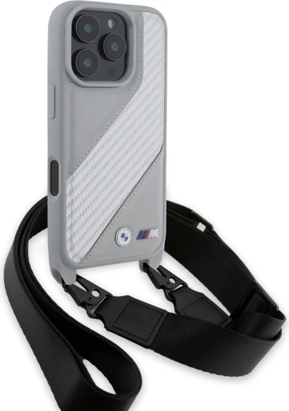 Ovitek za telefon BMW M Edition Carbon Stripe & Strap za iPhone 16 Pro Max, siv