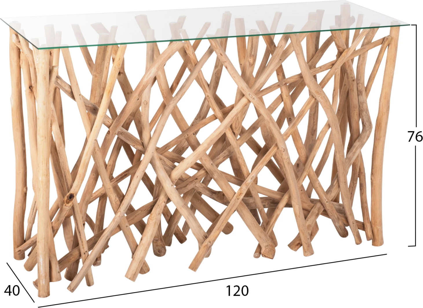 Konzola v rustikalnem stilu iz masivnih vej TEAK naravne barve in stekla 120x35x75H cm