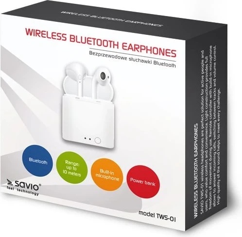 Brezžične slušalke True Wireless, Savio TWS-01, bele