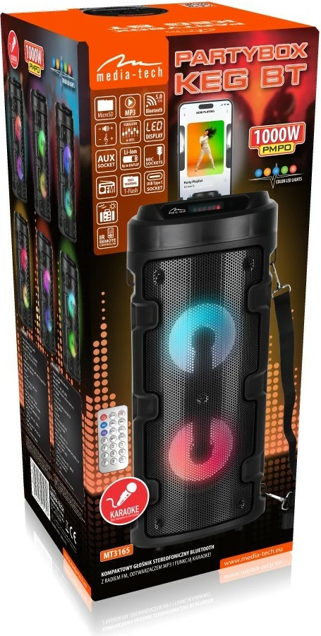 Prenosni zvočnik Media-Tech PARTYBOX KEG BT MT3165 V2.0, Bluetooth, KARAOKE, 40W, črn z LED