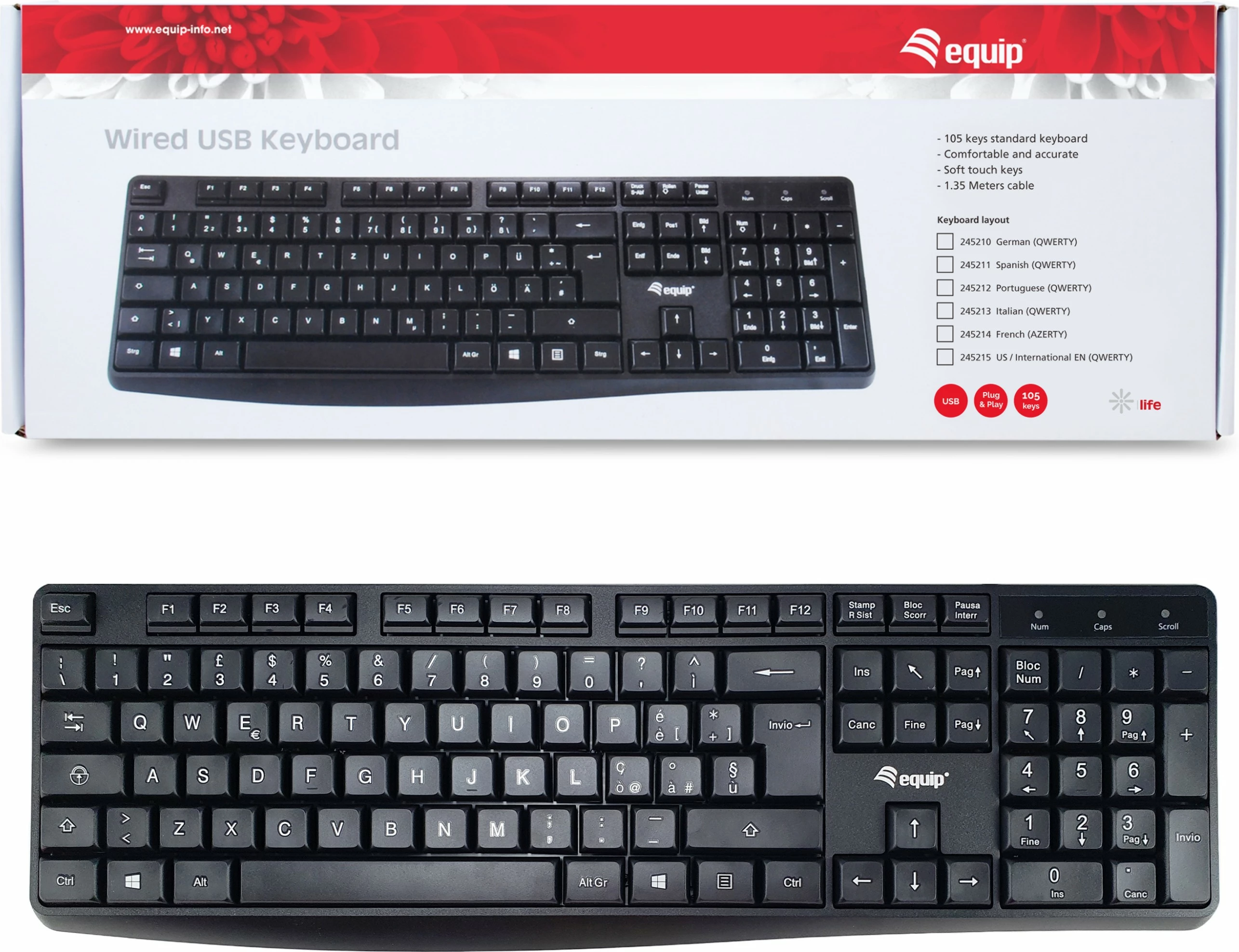 Polna tipkovnica EQUIP 245213, USB, QWERTY italijanščina, črna