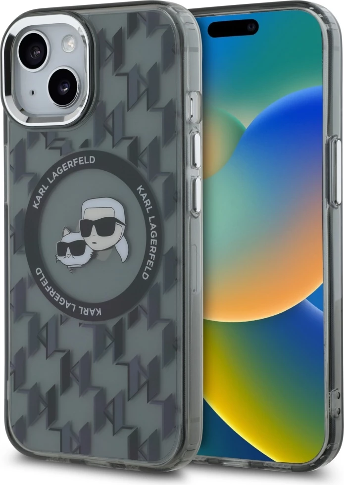 Ovitek Karl Lagerfeld IML Monogram Karl & Choupette Head MagSafe za iPhone 15 Plus, črn