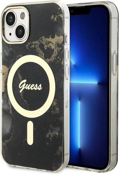 Ovitek za telefon Golden Marble za iPhone 14 6.1", MagSafe, črn - Guess