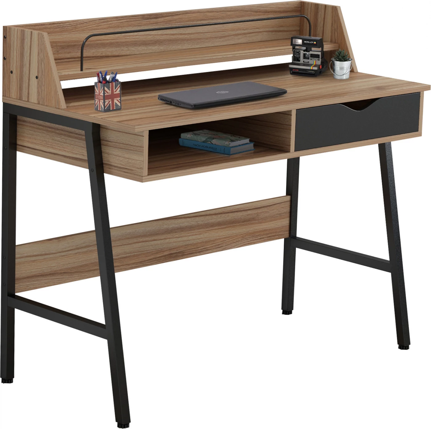 Pisalna miza FH2129.02 melamin v orehu in črno-črni kovinski okvir 104Χ48Χ89H cm