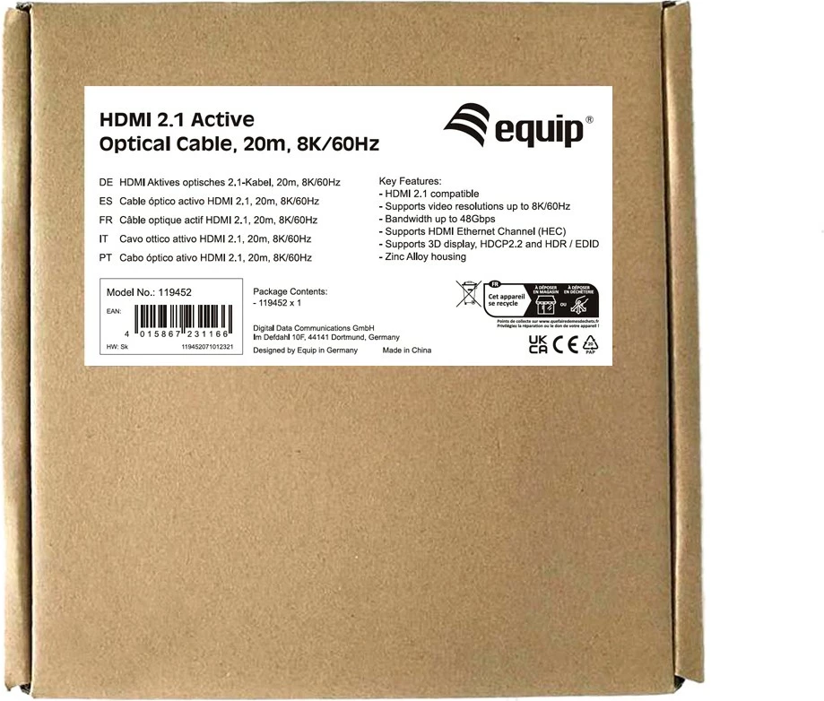 Aktivni optični HDMI kabel Equip 2.1, 20 m, 8K/60Hz, črn