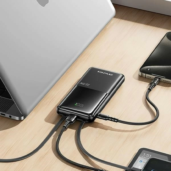 Prenosna baterija AWEI P76K, 10.000 mAh, 22,5 W, 4 izhodi, z dvema kabloma, črna
