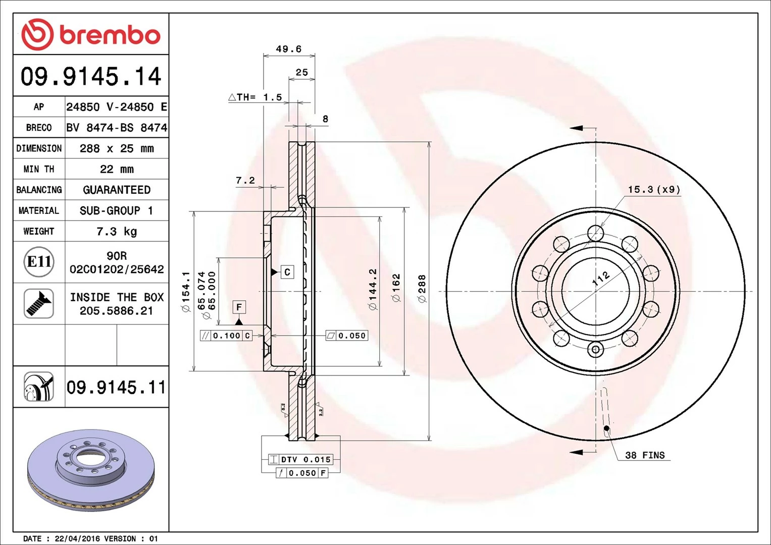Sprednji zavorni disk, Brembo 09.9145.11 za AUDI A3/Q2, CUPRA LEON, SEAT ALTEA/ATECA/IBIZA/LEON, kovinski, 1 kos