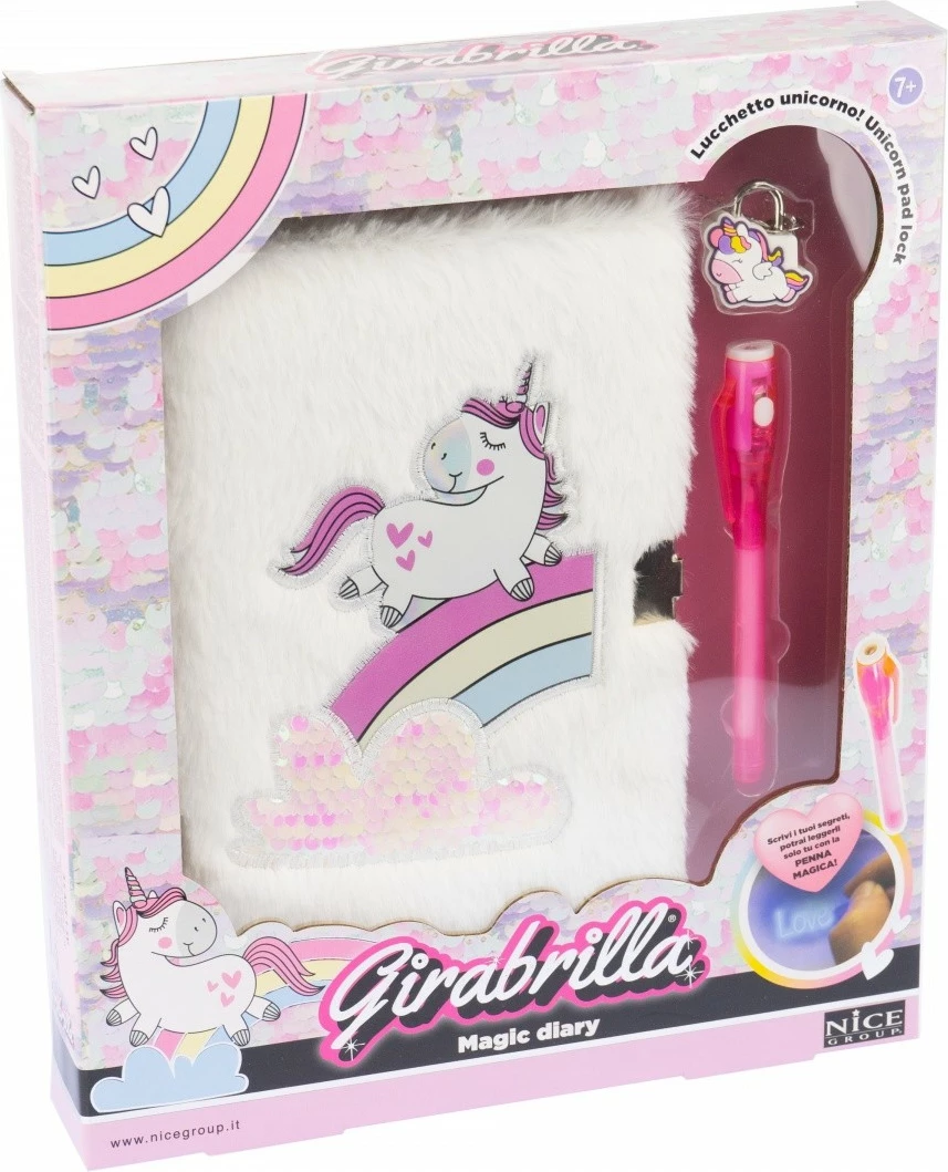 Dnevnik z vilinsko tematiko Nice Girabrilla enorog, za deklice, 25x30 cm, z magičnim pisalom in silikonskim ključavnim obeskom