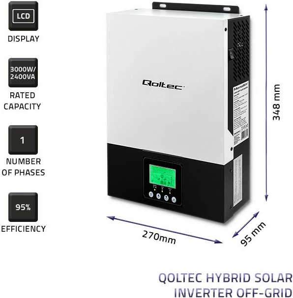Hibridni solarni inverter Qoltec 53876, 2,4 kW, MPPT 80A, sinus, črno/bel