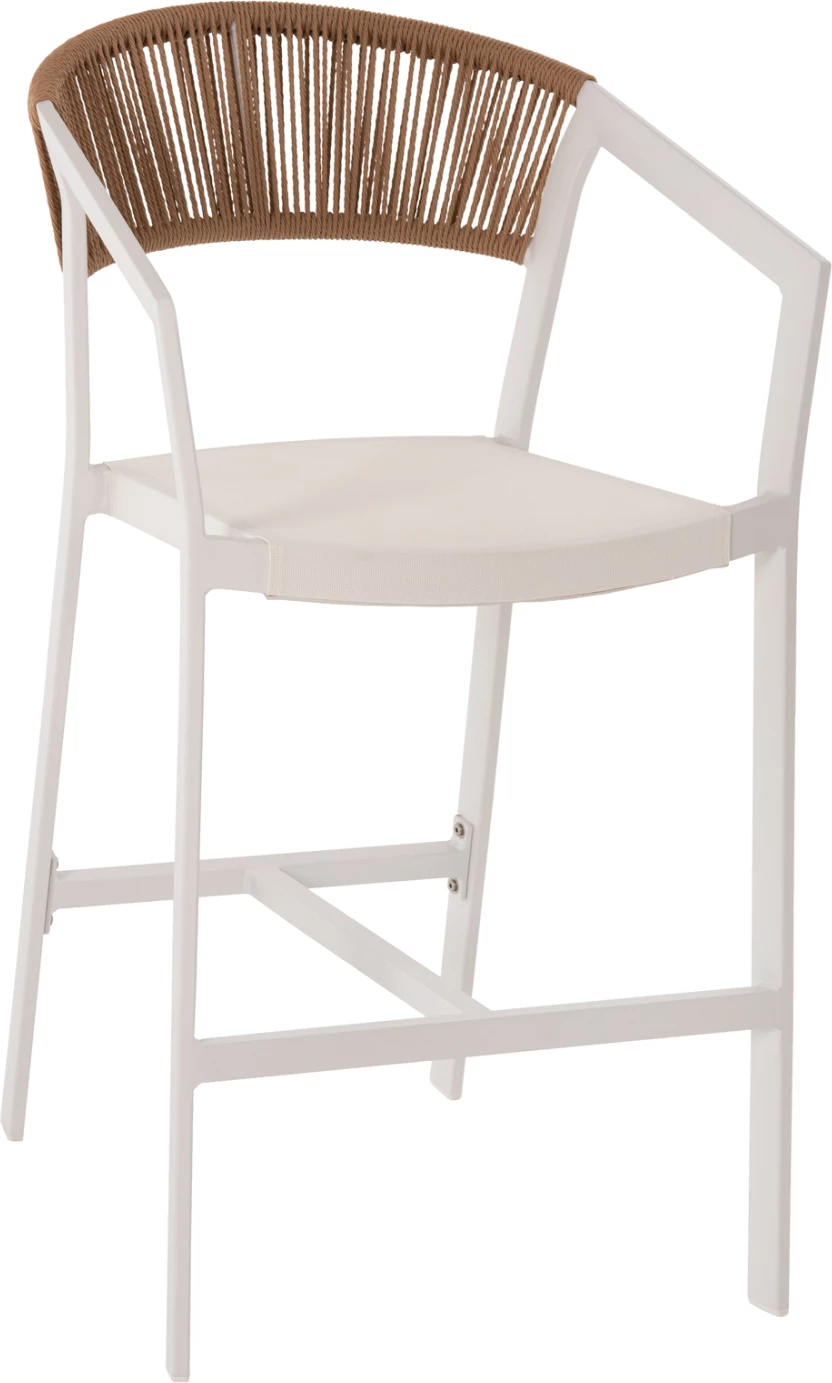 Barski stol iz aluminija bele barve FH5892.12 srednje višine z nasloni za roke - ratan in tekstil 56.5x57x99.5 cm
