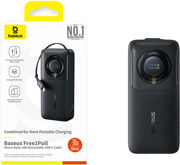 Powerbank z vgrajenim kablom Baseus OS Free2Pull 10000 mAh 30W, črn