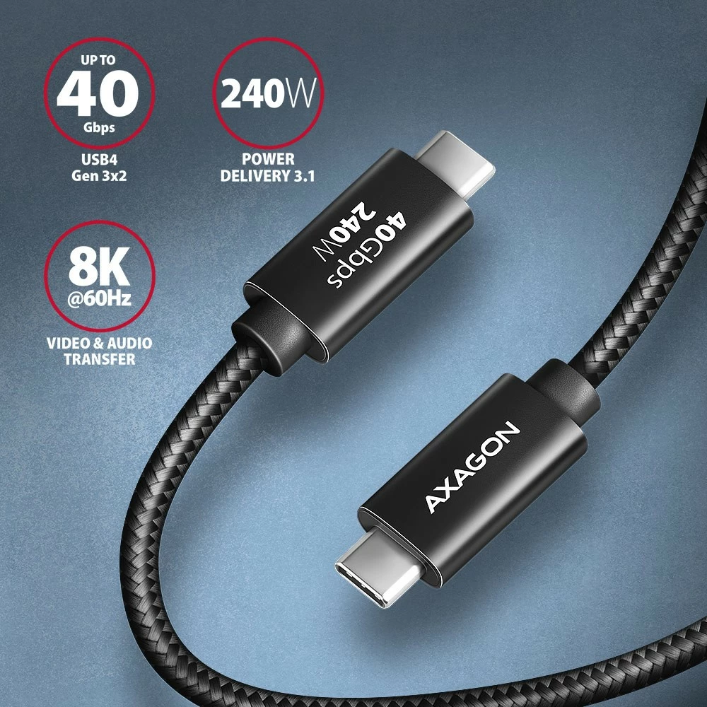 USB-C na USB-C kabel AXAGON BUCM4X-CM10AB, 1 m, USB4 Gen 3x2, 240W, 8K, črn