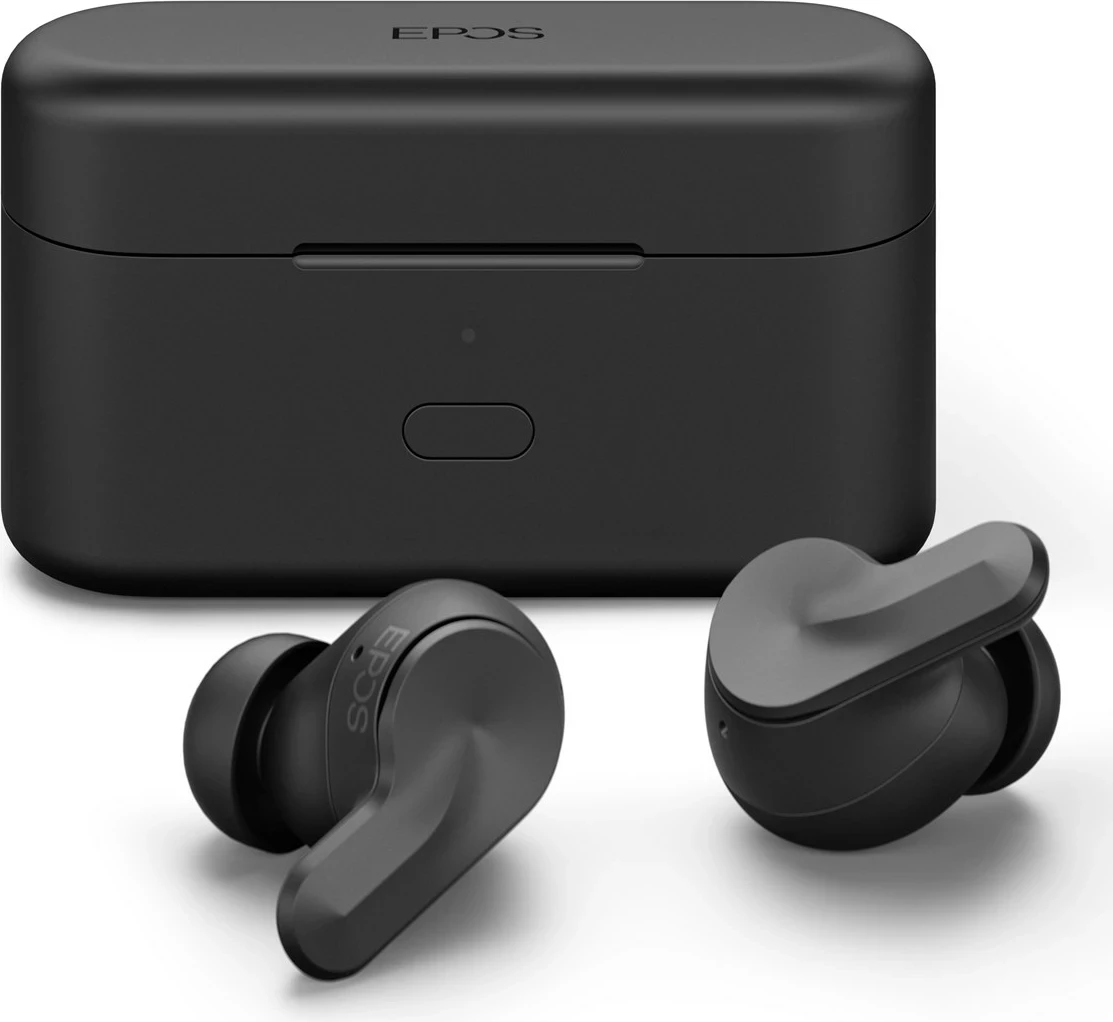 Pravi brezžični slušalke EPOS ADAPT E1TWS, Bluetooth 5.3, črne, s polnilno škatlico