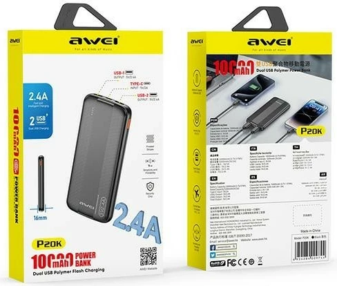 Prenosna baterija AWEI P20K, 10.000 mAh, 2x USB, črna
