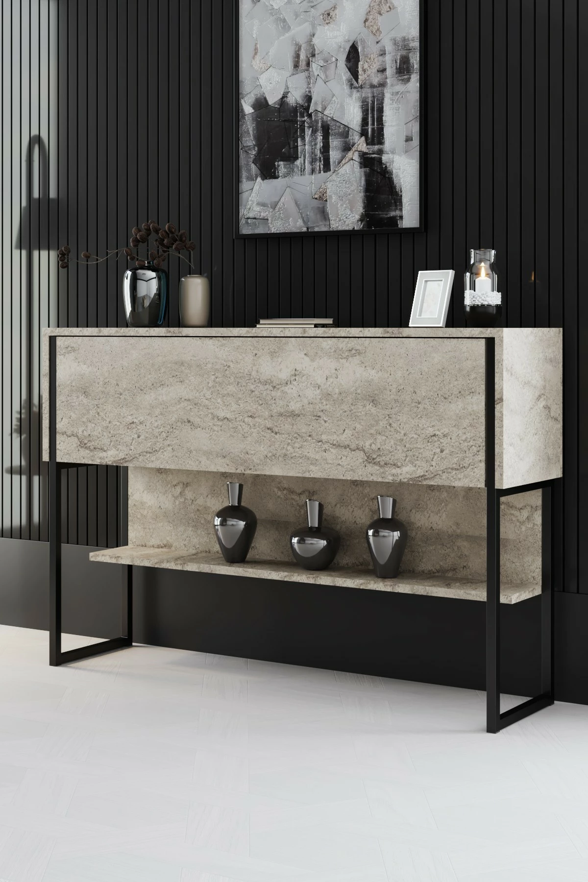 Komoda Luxe, travertin, črna, Hanah Home