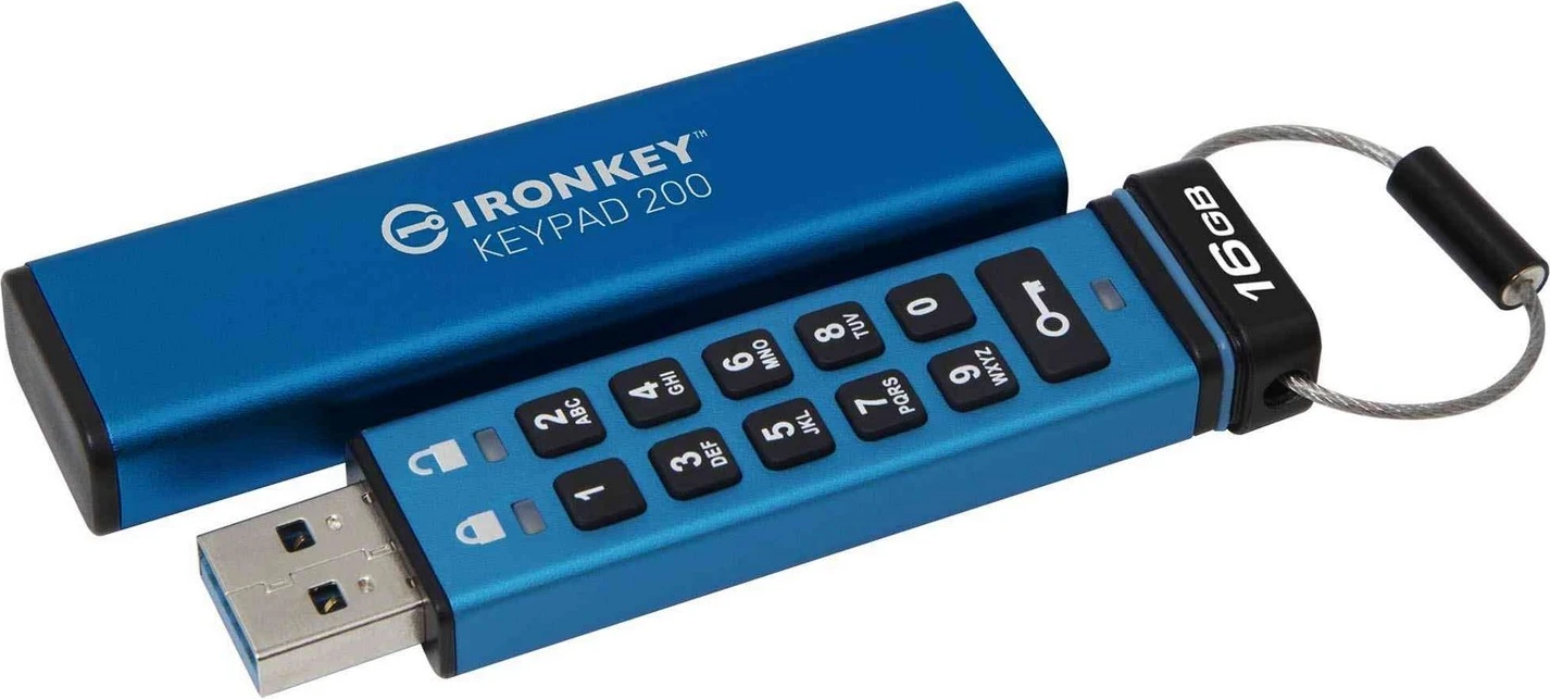 Varnostni USB z vtipkovnico Kingston IronKey, 16 GB, moder
