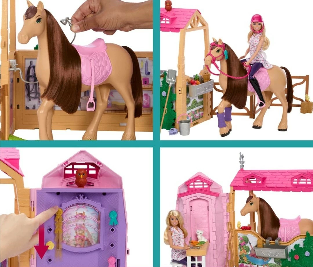 Set za konje in hlev Barbie Mattel HXJ44, z konjem in 25 dodatki, za deklice