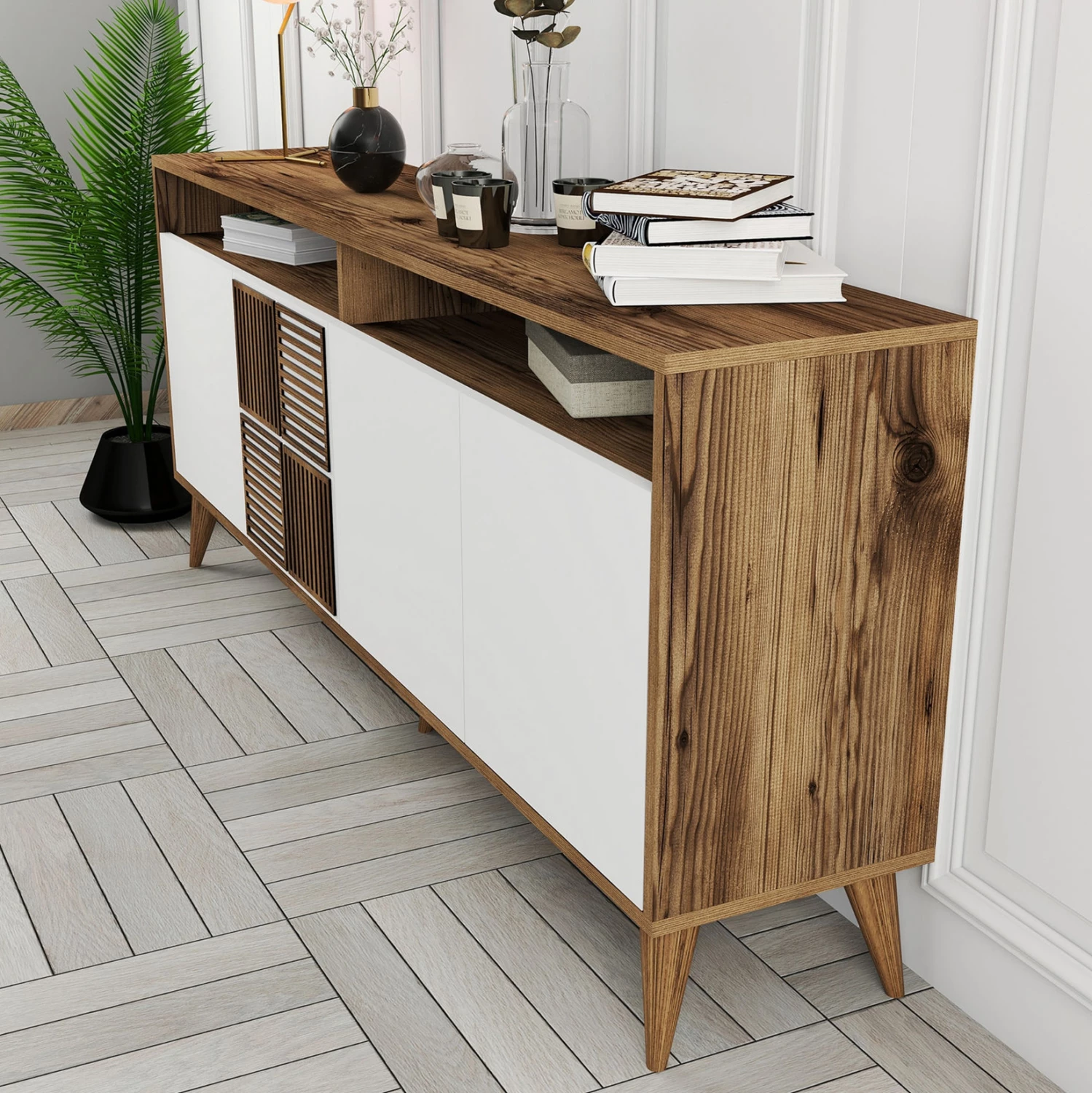 Bife iz melamina v barvi oreha z belimi vrati 180x35x78.6H cm FH9431.02