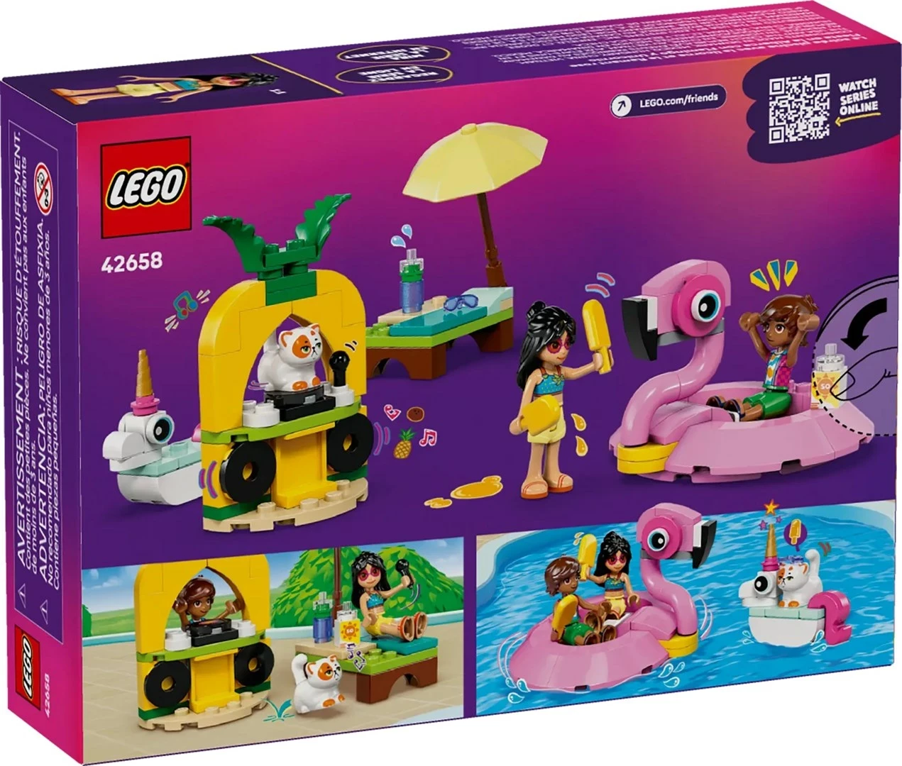 Set igrač za bazensko zabavo z enim samorogom in flamingom LEGO Friends 42658, 99 delov