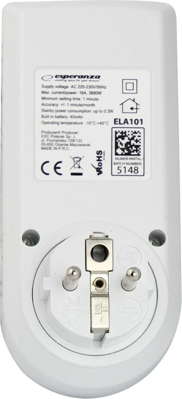 Elektronski digitalni timer Esperanza ELA101, bel