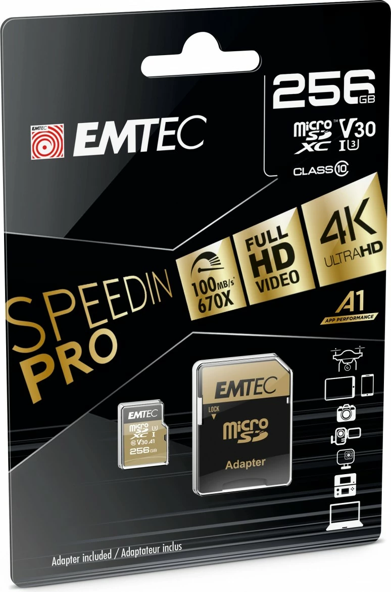 MicroSDXC 256GB za visoke hitrosti, EMTEC SpeedIN Pro, Class 10, UHS-I, rjava