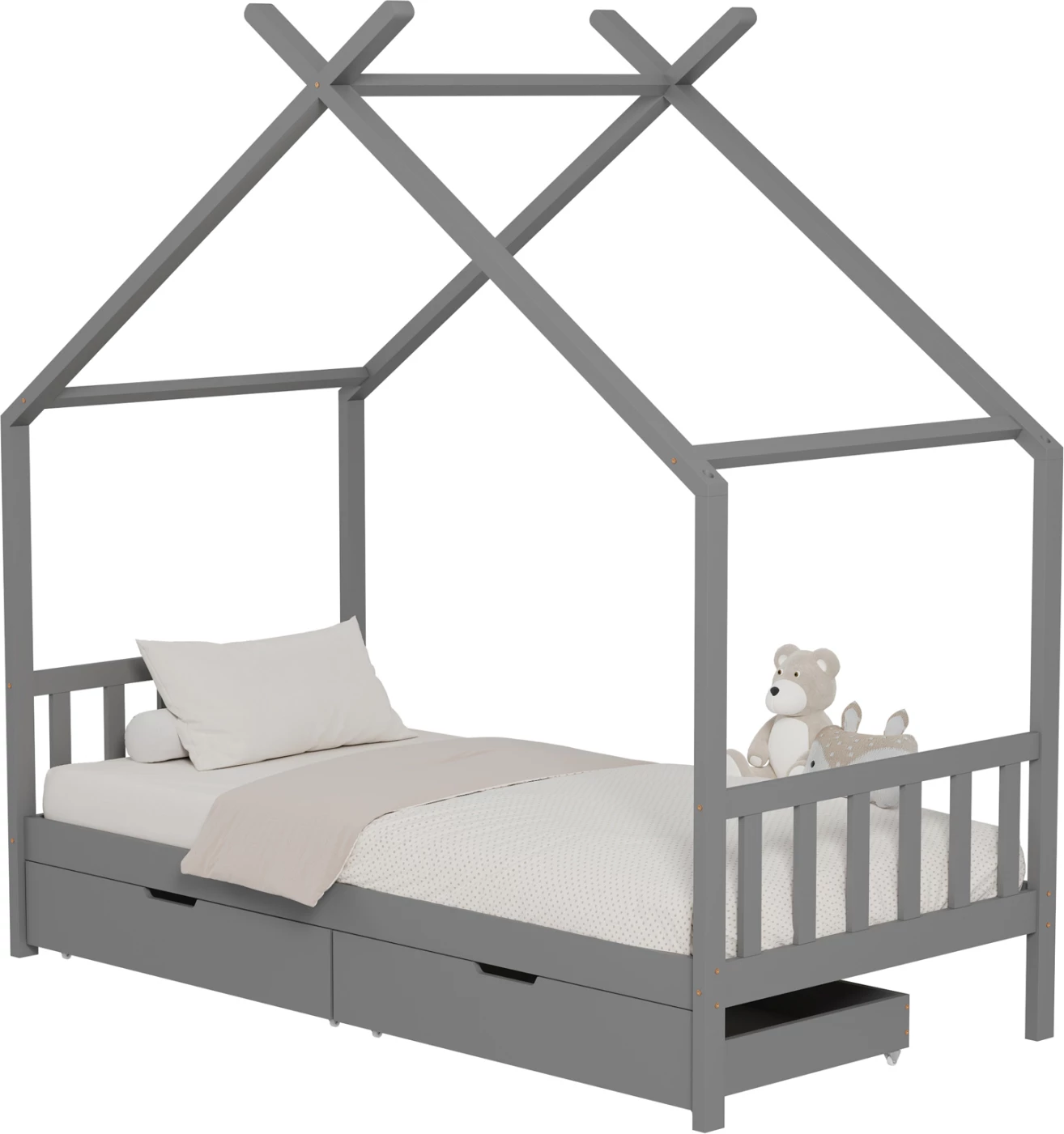 Postelja za otroke Klarice FH680.05 t.Montessori - 2 predala - masivni borov les v sivi barvi - 190x90 cm