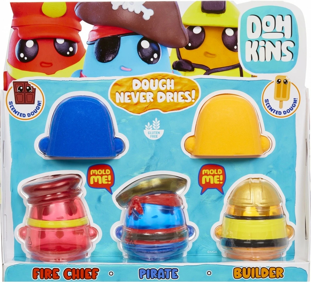 Set plastelina, ne sušeč, dišeč, 2 barvi, kalupi gradbinec/pirat/gasilec, MGA DohKins Hero Pack 123026-EUC/23040