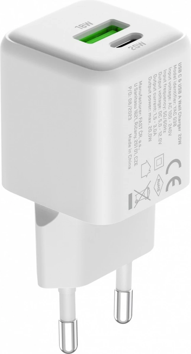 Stenski polnilec, 20 W, 2 USB vrata (USB-A + USB-C), bel, Yenkee YAC G38 VOLT